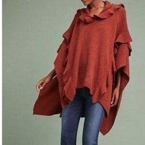 Anthropologie Troubadour Ruffle Knit Hooded Poncho OS Cozy Boho‎ Wool Blend